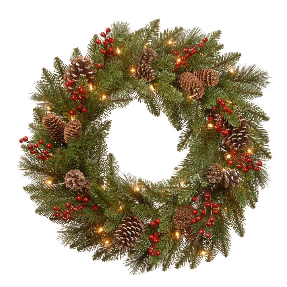 24 in. Feel Real Bristle Berry Artificial Christmas Wreath with 50 Warm White Battery-Operated LED Lights - Hercitys
