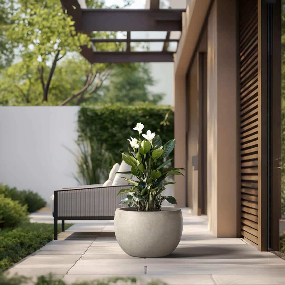 19 in. Large Light Gray Concrete Round  Planter / Pot with Drainage Holes - Hercitys