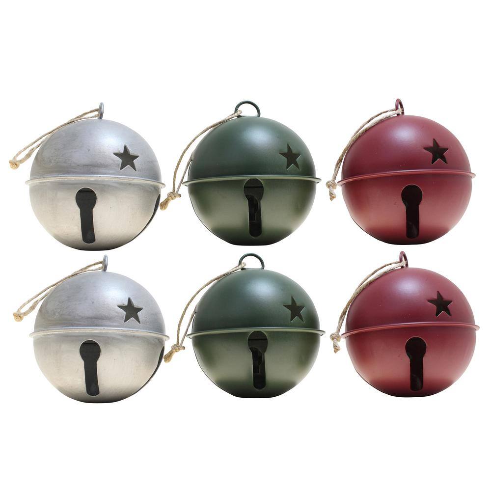 3.35 in. Green, Red and Silver Assortment Metal Jingle Bell Christmas Ornament (6-Pack) - Hercitys