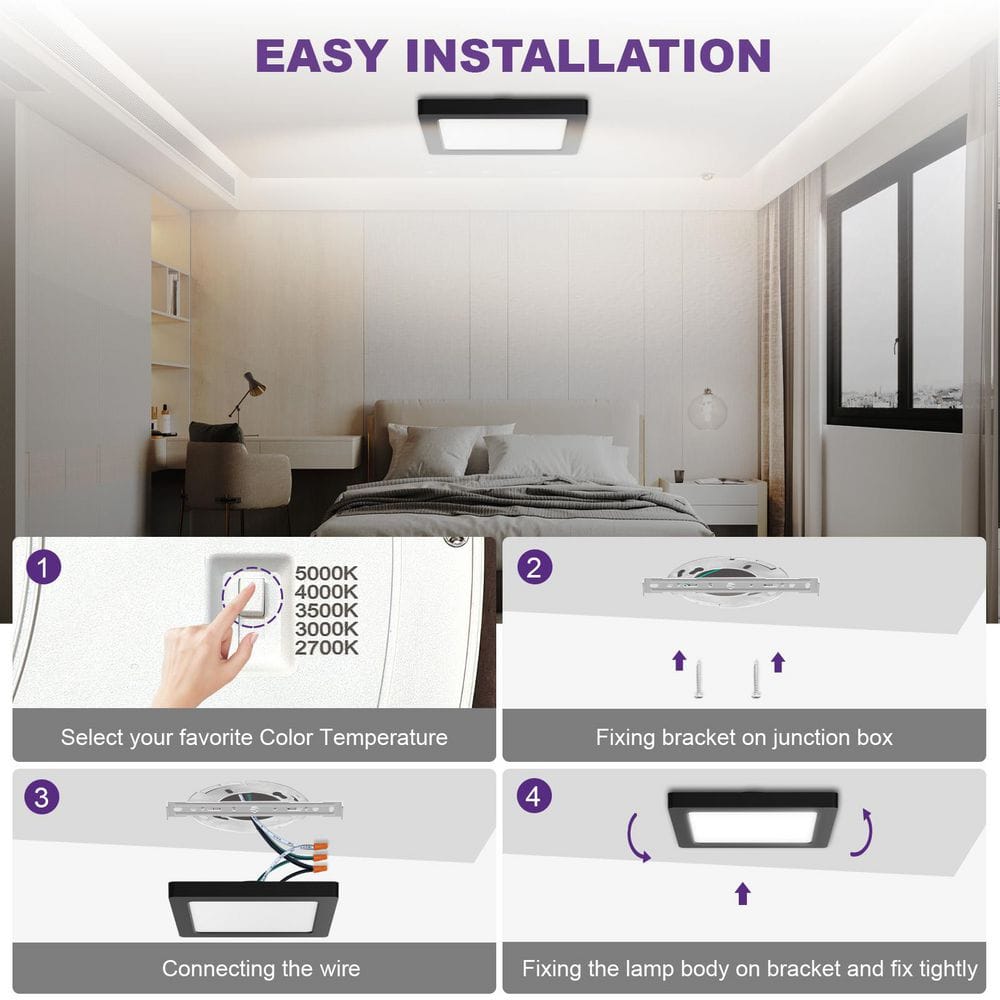 12 in. Black Square New Ultra-Low Profile Integrated LED Flush Mount Ceiling Light 3000K-5000K 3CCT Selectable - Hercitys