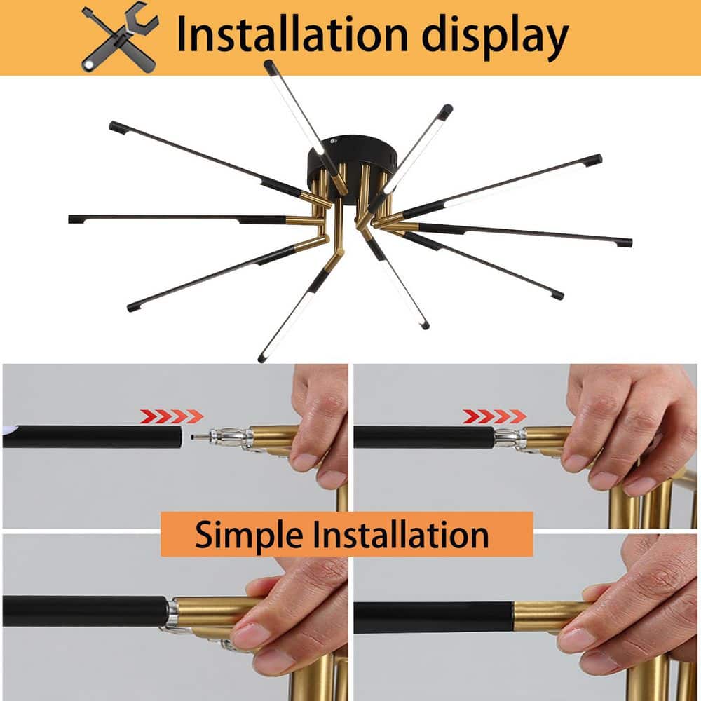 33.46 in. 10-Light Black and Gold Modern Linear Dimmable Selectable LED Semi-Flush Mount Ceiling Light with Remote - Hercitys