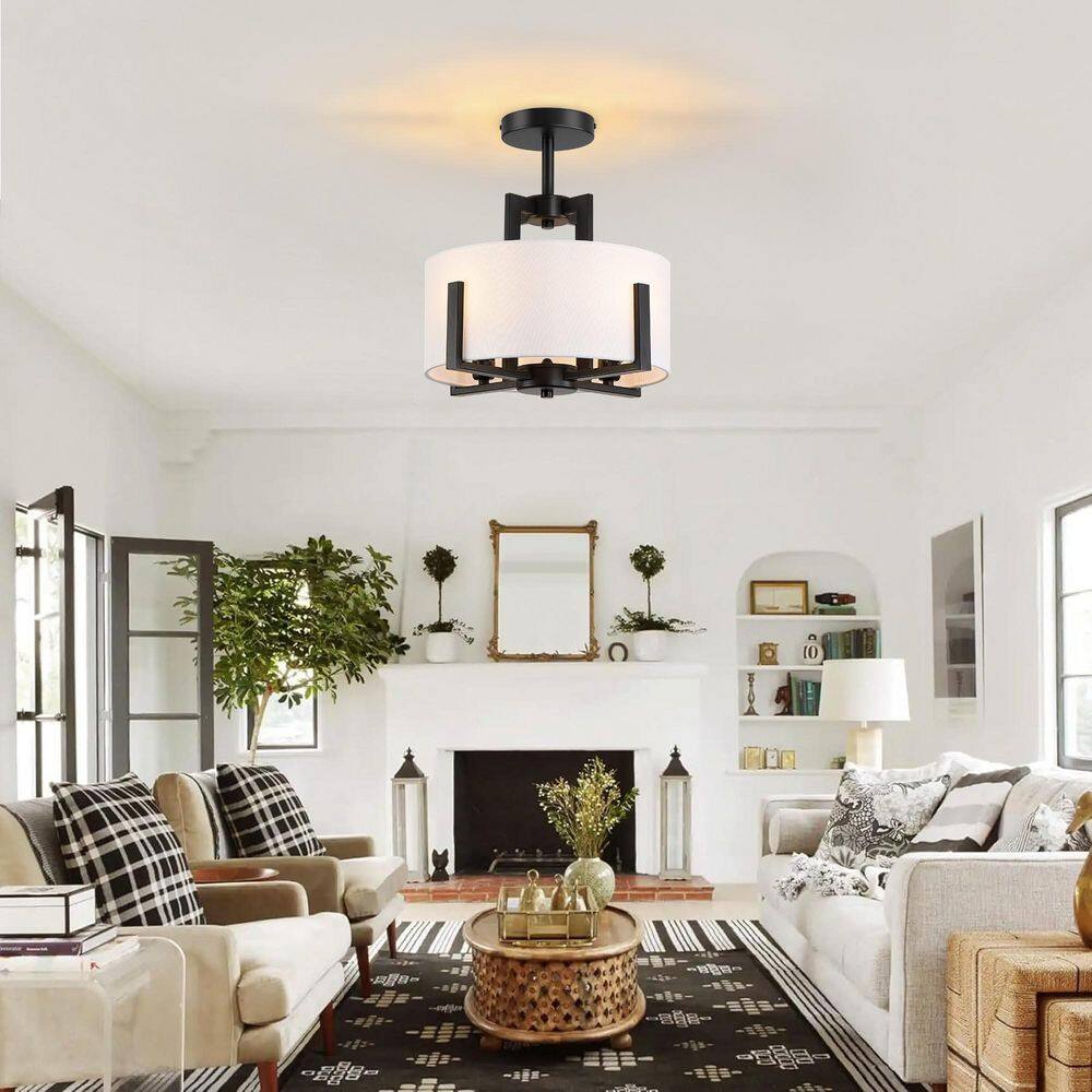 12.9 in. 4-Light Fabric Drum Shade Semi Flush Mount Ceiling Light Fixture - Hercitys