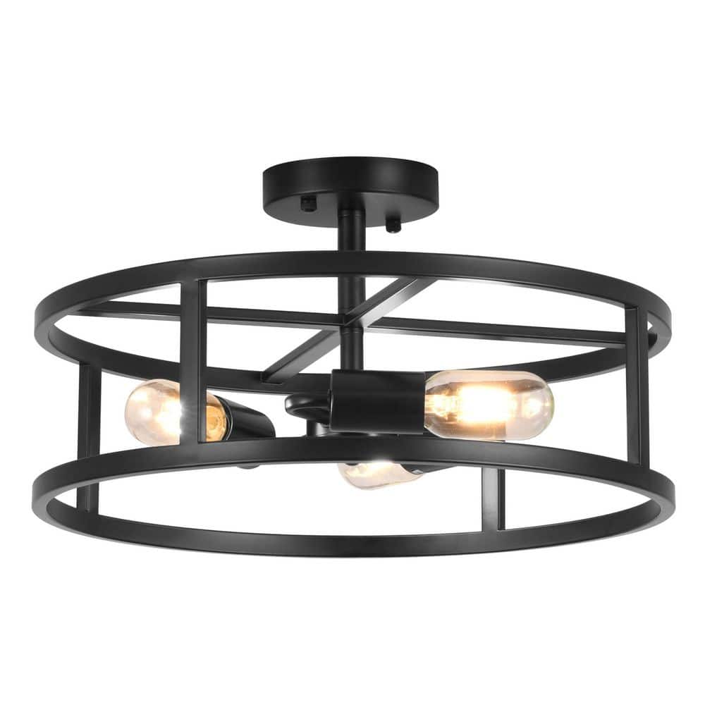 16.5 in. 3-Light Black Drum Semi Flush Mount Ceiling Light with No Bulbs Included - Hercitys