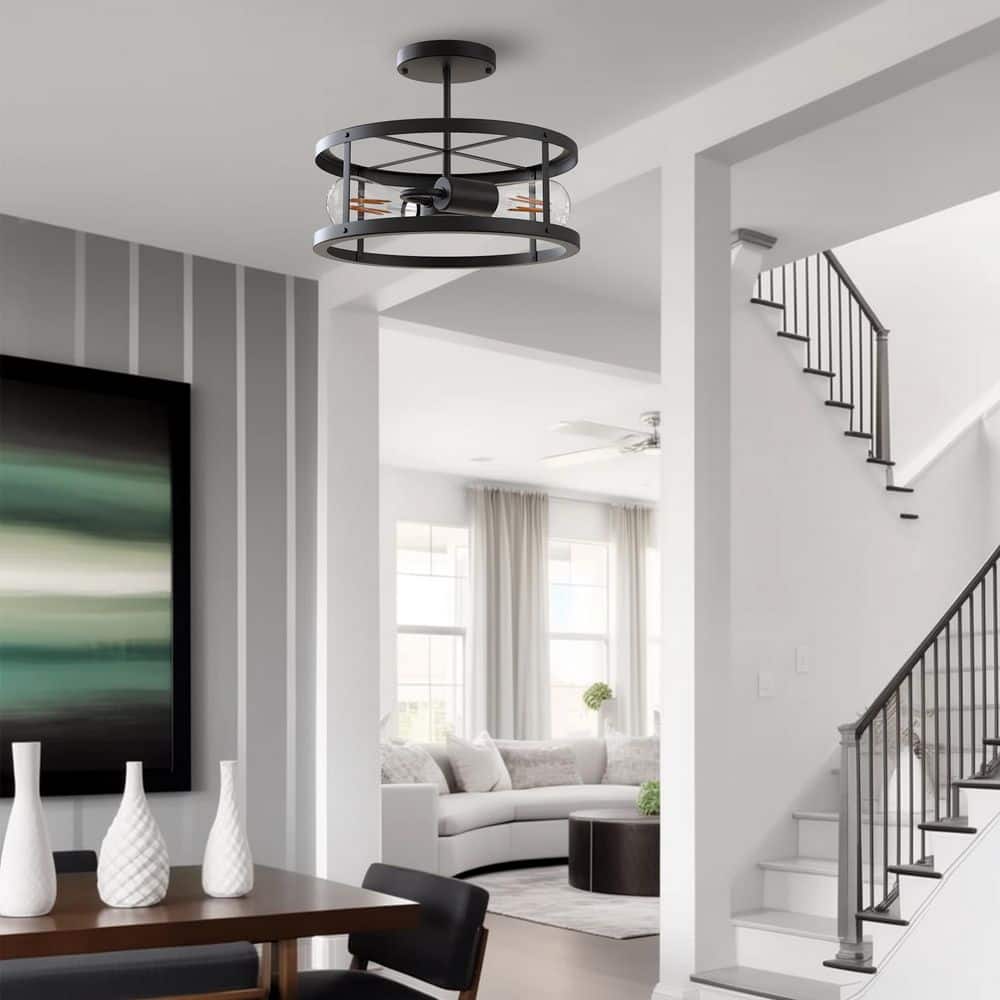 13 in. 2-Light Matte Black Drum Flush Mount Lighting Dimmable Metal Ceiling Light Fixture for Living Rooms - Hercitys