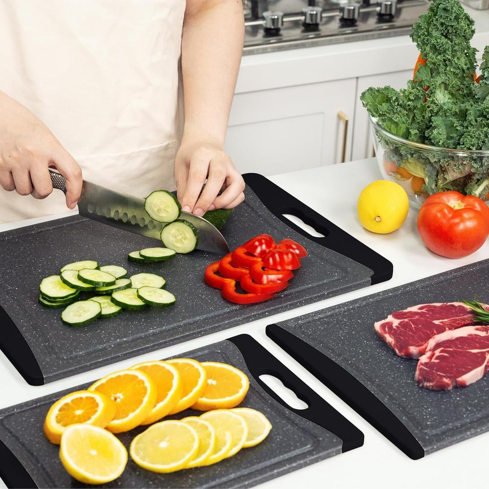 3-Piece Extra Large Plastic Cutting Board Set with Juice Grooves and Easy-Grip Handles, Dark Gray - Hercitys