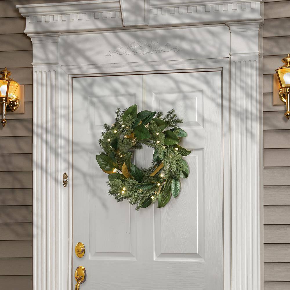 24 in. Magnolia Mix Pine Artificial Christmas Wreath with 35 Battery Operated LED Lights - Hercitys