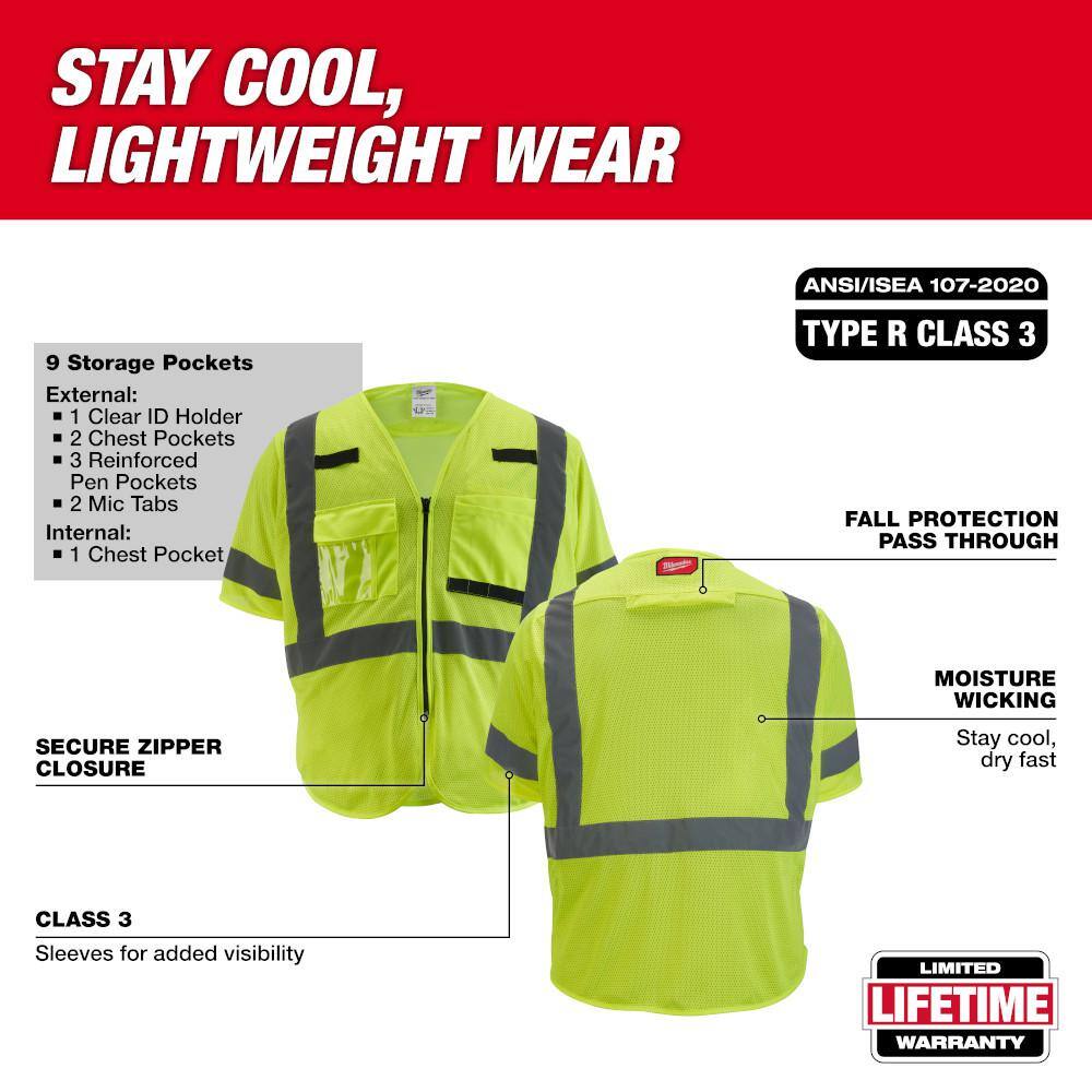 2X-Large/3X-Large Yellow Class 3 Mesh High Visibility Safety Vest with 9-Pockets and Sleeves - Hercitys