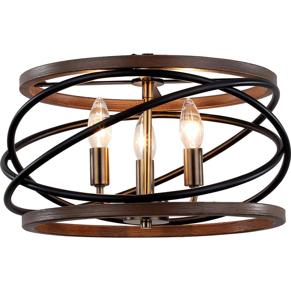 15.75 in. 3-Light Antique Gold and Walnut Ringed Candelabra Semi- Flush Mount - Hercitys