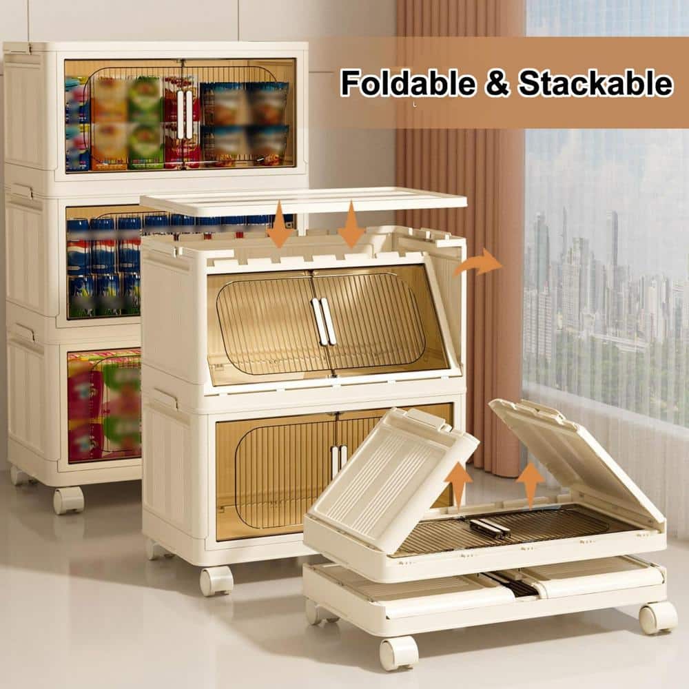 31.5 in. 3-Shelf Cream White Folding Kitchen Pantry Cabinet on Wheel - Hercitys