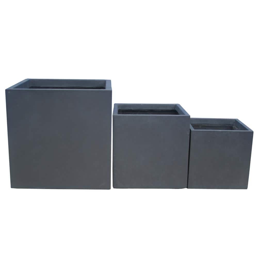 16 in. Tall Charcoal Lightweight Concrete Square Modern Outdoor Planter (Set of 3) - Hercitys