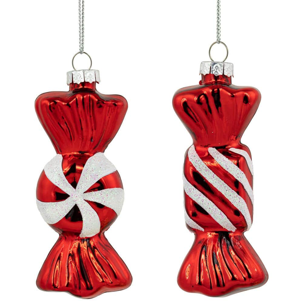 4 in. Shiny Red and White Glittered Candy Christmas Glass Ornaments (Set of 2) - Hercitys