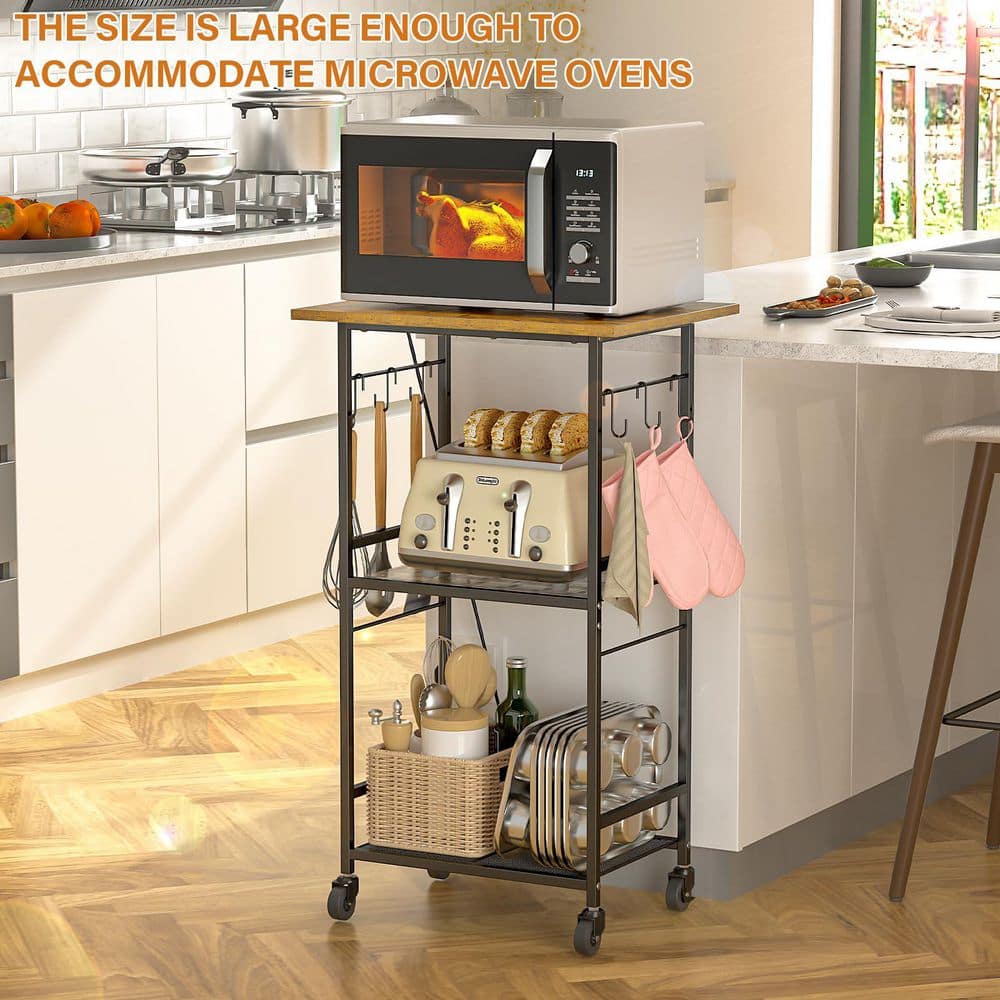 3-Tier Black and Brown Rolling Kitchen Microwave Cart with Wheels and Hooks, Microwave Table Stand with Adjustable Shelf - Hercitys