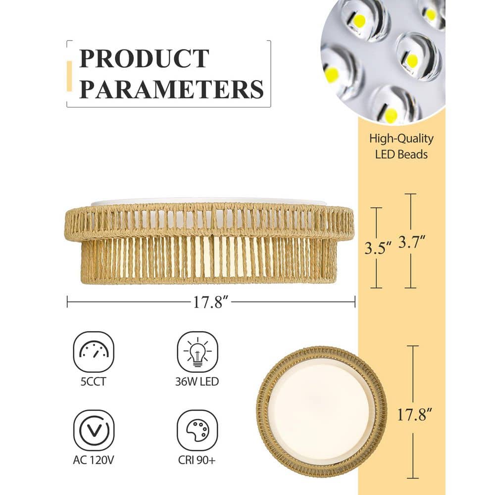 17.8 in Beige Wood Finish Boho Flush Mount with Frosted Glass Shade and Integrated LED - Hercitys