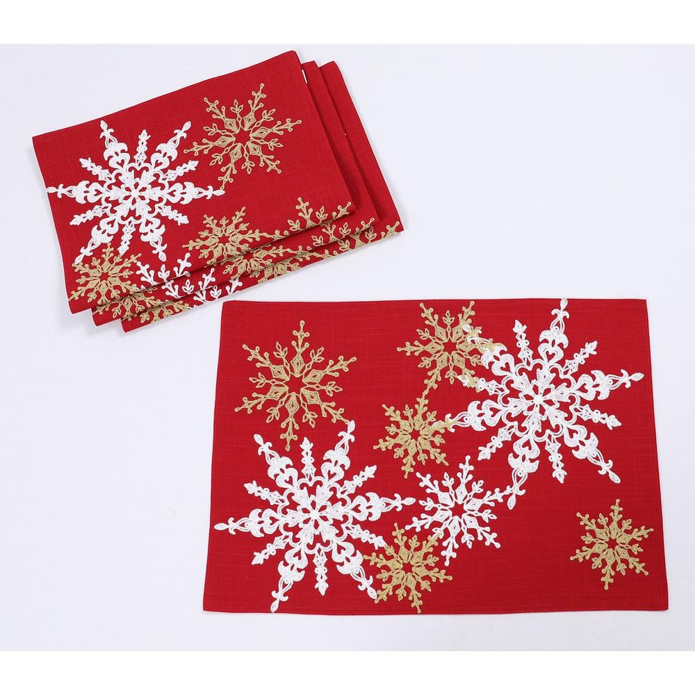 14 in. x 20 in. Red Magical Snowflakes Crewel Embroidered Christmas Placemats (Set of 4), Polyester - Hercitys