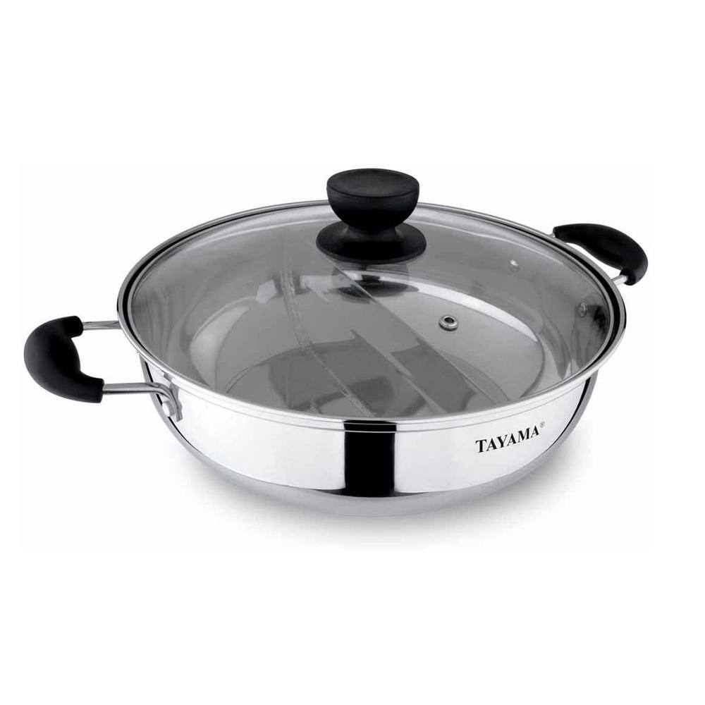 11 in. 4 qt. Stainless Steel Shabu Hot Pot with Divider and 3-Ladles - Hercitys