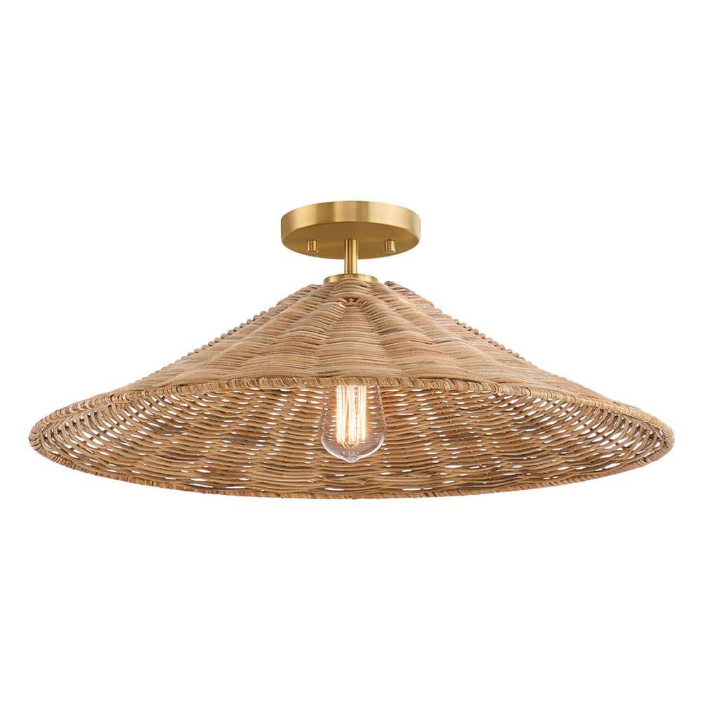 22 in. W x 8 in. H, 1-Light Natural Brass Semi- Flush Mount with Natural Rattan Shade - Hercitys