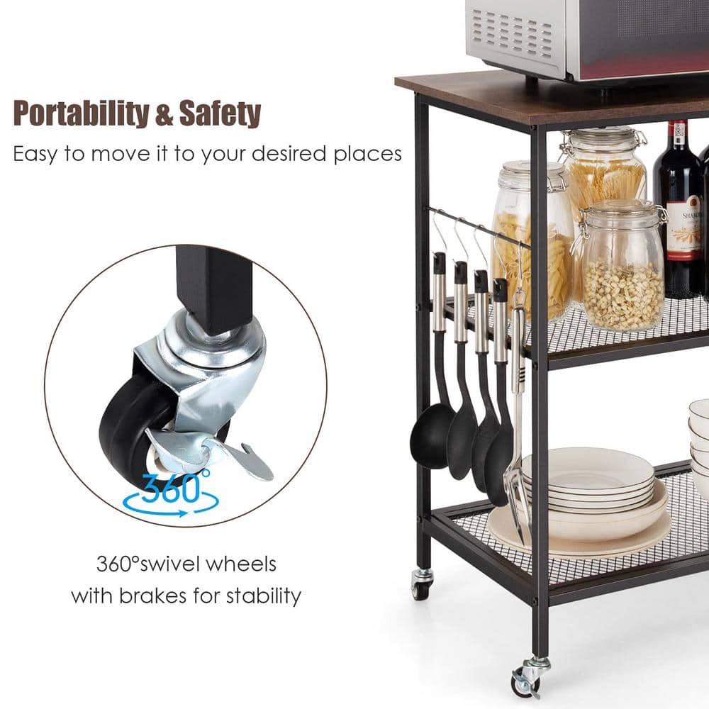 3-Tier Brown Kitchen Serving Cart Utility Standing Microwave Rack with Hooks - Hercitys