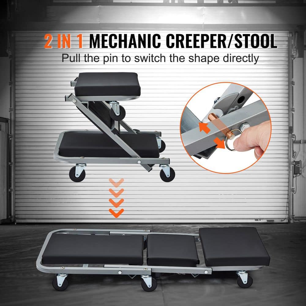 300 lbs. Capacity Z-Creeper Seat, 2-in-1 Rolling Folding Car Creeper, Low Profile Creeper with 6 pcs Wheels, Black - Hercitys