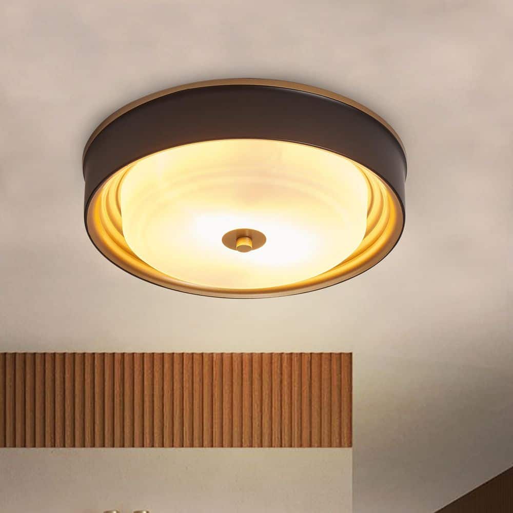 13.2 in. 2-Light Black Flush Mount Ceiling Light with Drum White Glass Shade - Hercitys