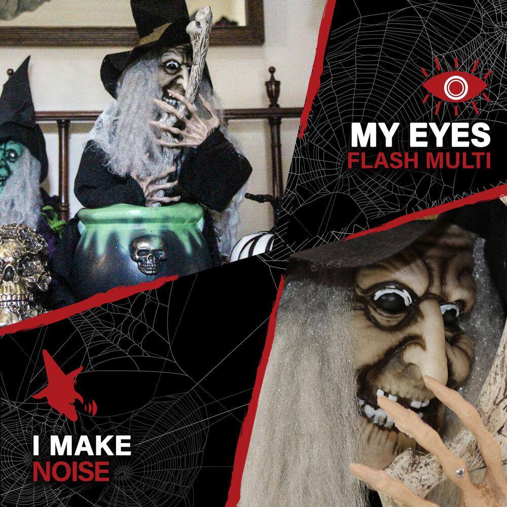 19 in. Battery Operated Animated Witch with Red and Green LED Eyes Halloween Prop - Hercitys