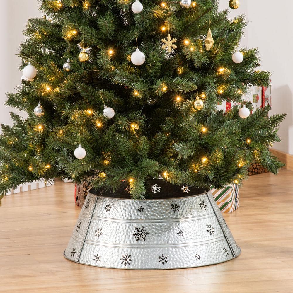 26 in. Silver Steel Home Xmas Decoration Christmas with Snowflake Printed Christmas Tree Collar - Hercitys