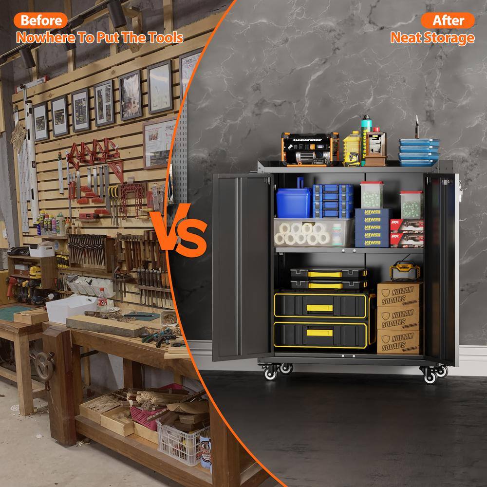 30 in. W x 35.5 in. H x 18 in. D Metal Freestanding Cabinet with Shelf, Pegboard, Side Push Handle in Black - Hercitys