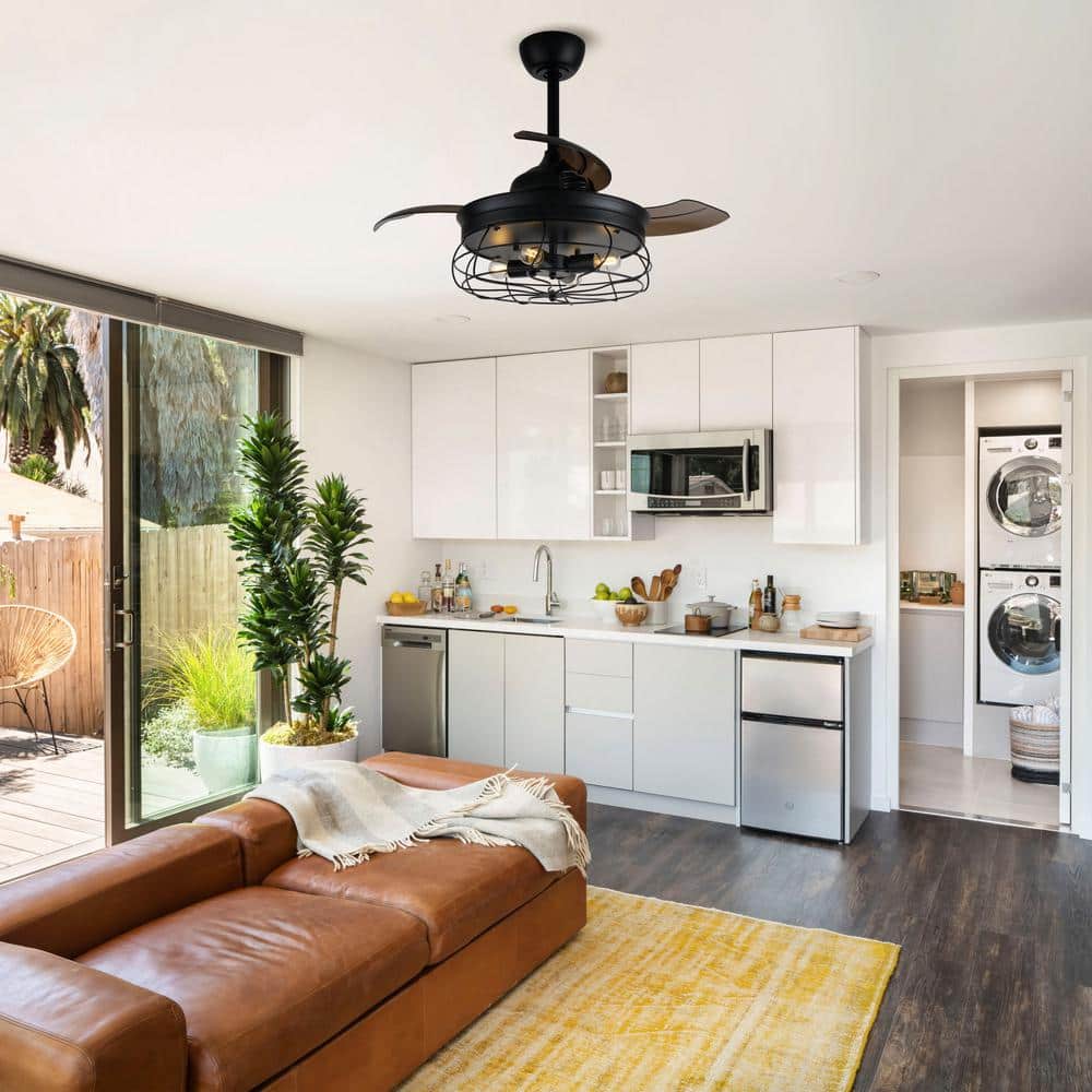 36 in. Downrod Mount Retractable 3-Blade Black Ceiling Fan with Light Kit and Remote Control - Hercitys