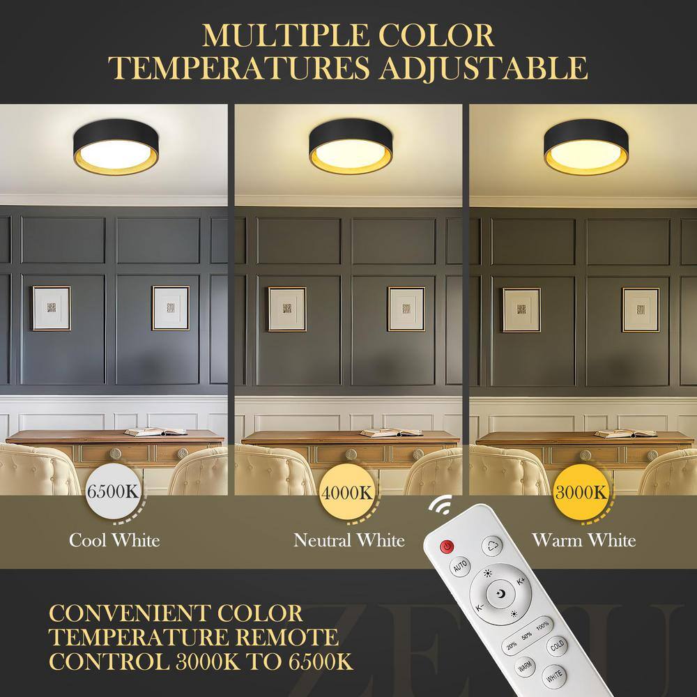 3000K-6500K 14-Watt Integrated LED 12.6 in Black and Wood Grain Flush Mount with Metal Shade and No Bulbs Included - Hercitys