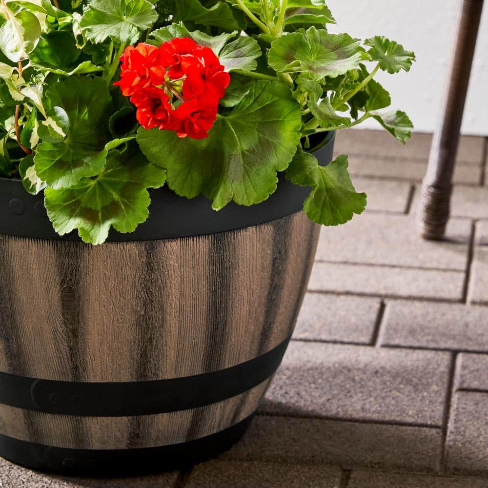 16 in. Reedley Large Kentucky Walnut Brown Resin Wine Barrel Planter (16 in. D x 11.5 in. H) - Hercitys