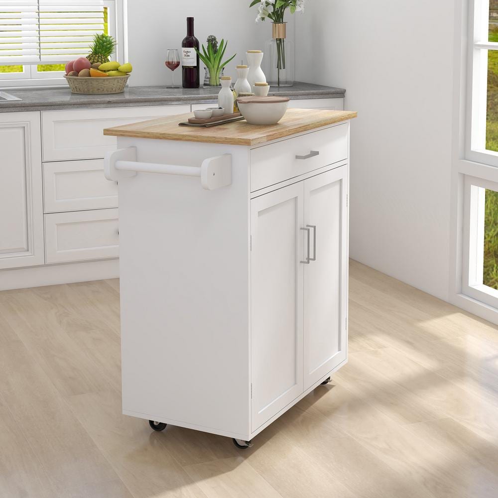 32.68 inch White Wood Kitchen Cart with Adjustable Shelves and Towel Rack Rubber Wood Table Top - Hercitys