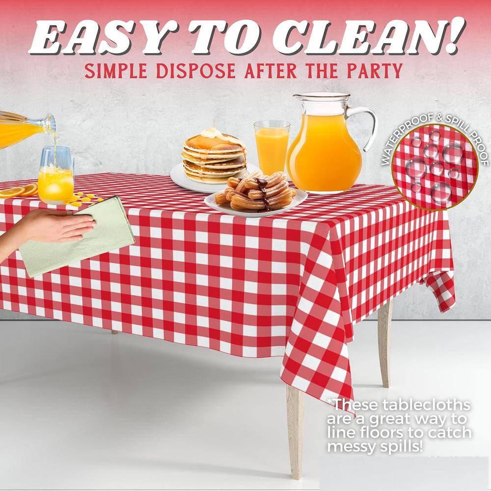 54 in. W x 108 in. L Red Gingham Checkered Plastic Tablecloth Disposable (12 Pk) - Hercitys