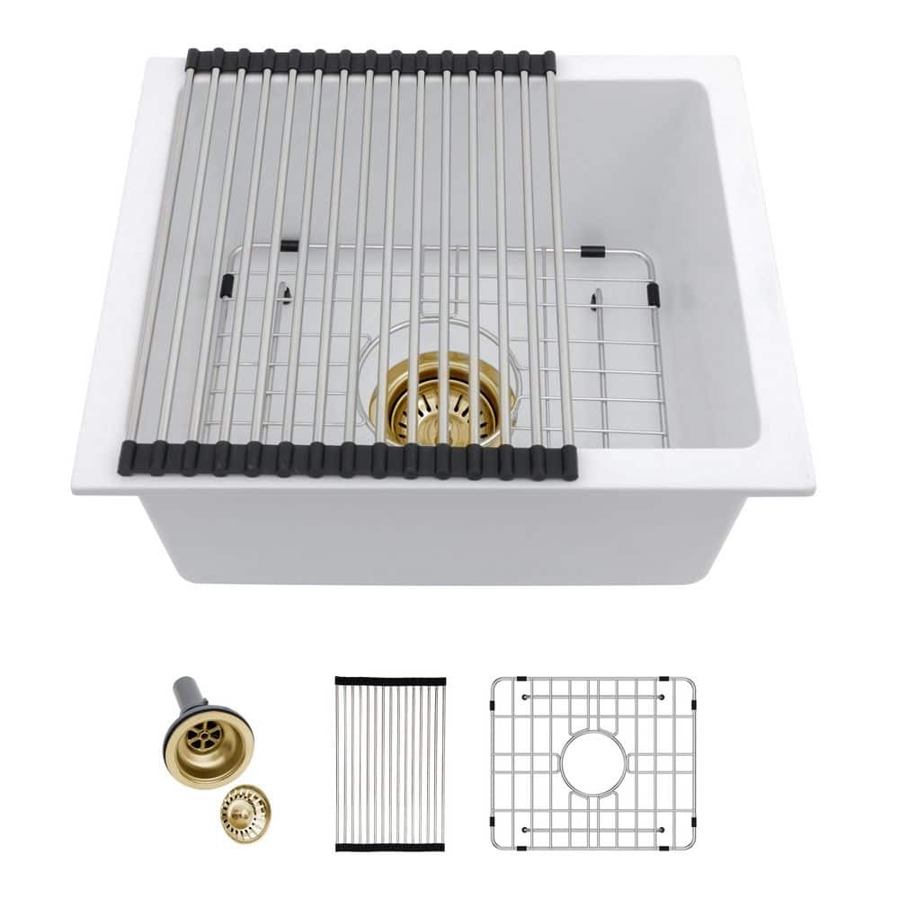 18 in. Undermount Single Bowl White Quartz Composite Kitchen Sink with Bottom Grids - Hercitys