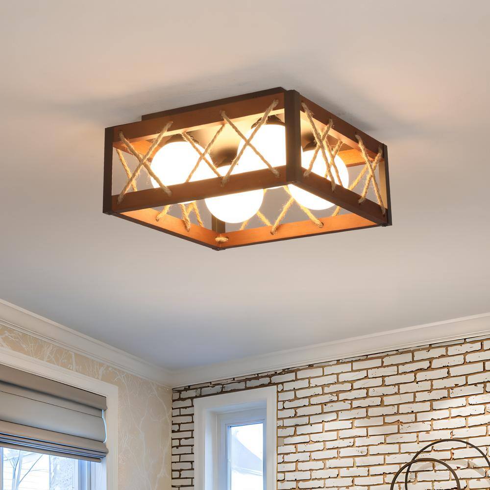 16 in. 25-Watt Farmhouse Rustic Square Wood Dimmable LED Flush Mount Ceiling Light with Acrylic Shatterproof Shade - Hercitys