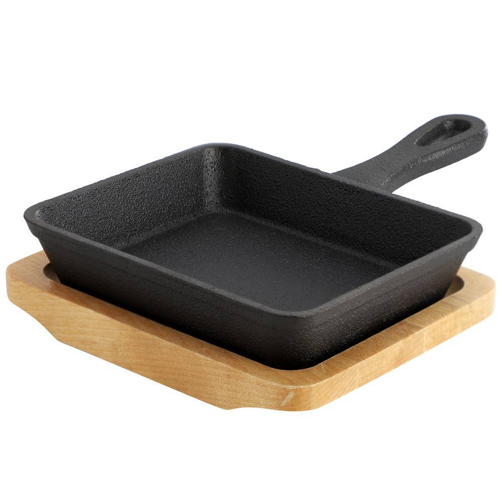 4 Piece 5in. Mini Cast Iron Square Frying Pan with Wood Tray - Hercitys