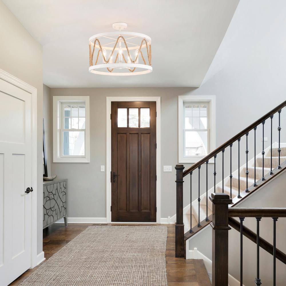 19.68 in. 5-Light White Drum Metal Hemp Rope Semi-Flush Mount Light，No Bulbs Included - Hercitys