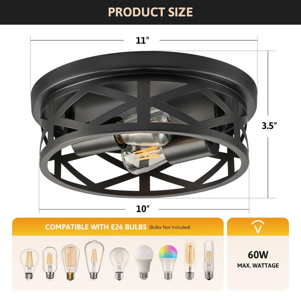 11 in. 2-Light Matte Black Flush Mount Farmhouse Metal Cage Ceiling Lights w/ Adjustable Lamp Holders E26 Bases, 2-Packs - Hercitys