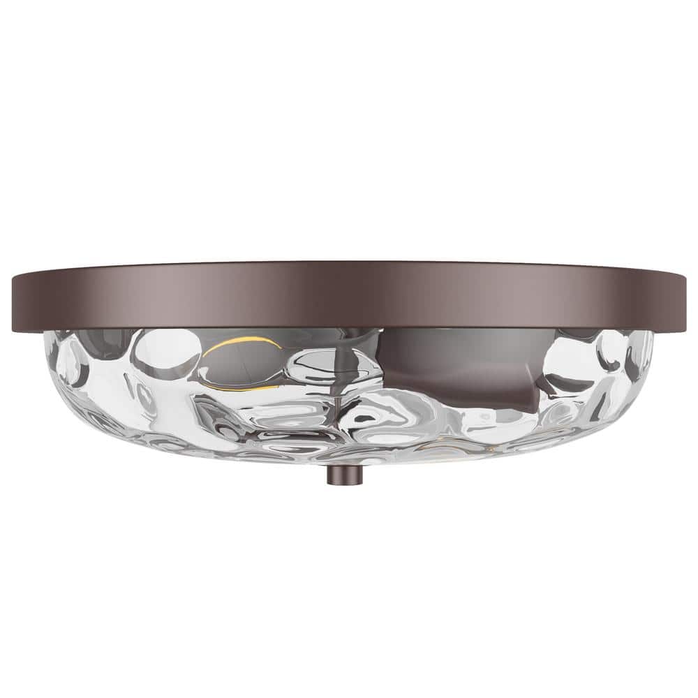 12.99 in. 2-Light Farmhouse Oil Rubbed Bronze Flush Mount Ceiling Light Fixture with Water Ripple Glass Shade - Hercitys