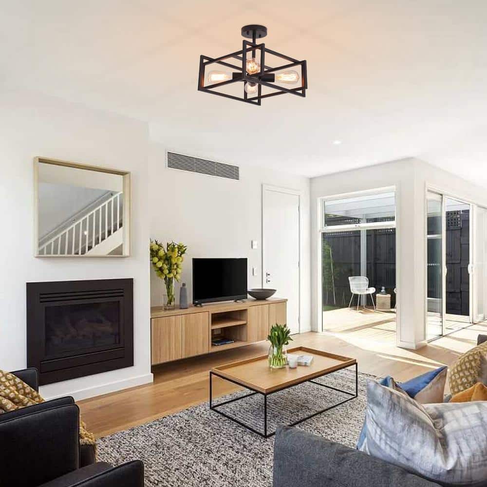 15 in. 4-Light Black Semi-Flush Mount Light with Rustic Accent Square Cage for Living Room - Hercitys