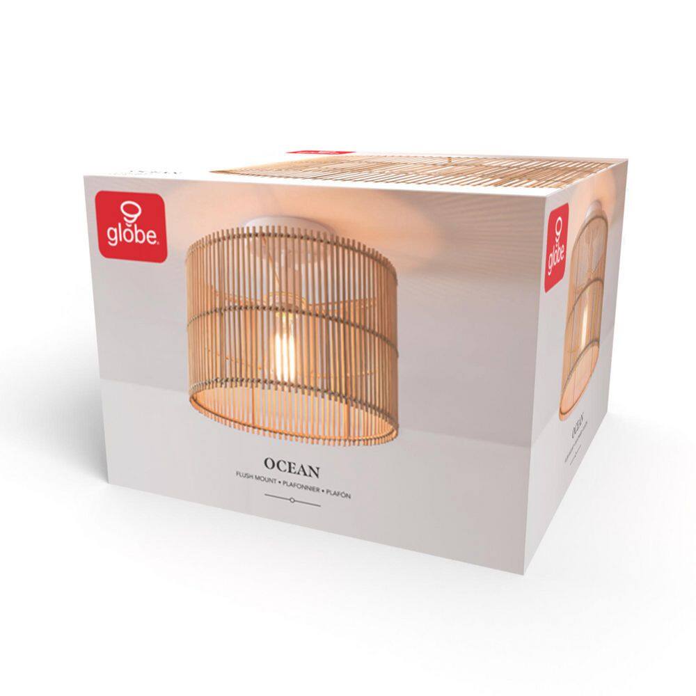 11.75 in. 1-Light Matte White Semi-Flush Mount Ceiling Light with Natural Bamboo Shade - Hercitys