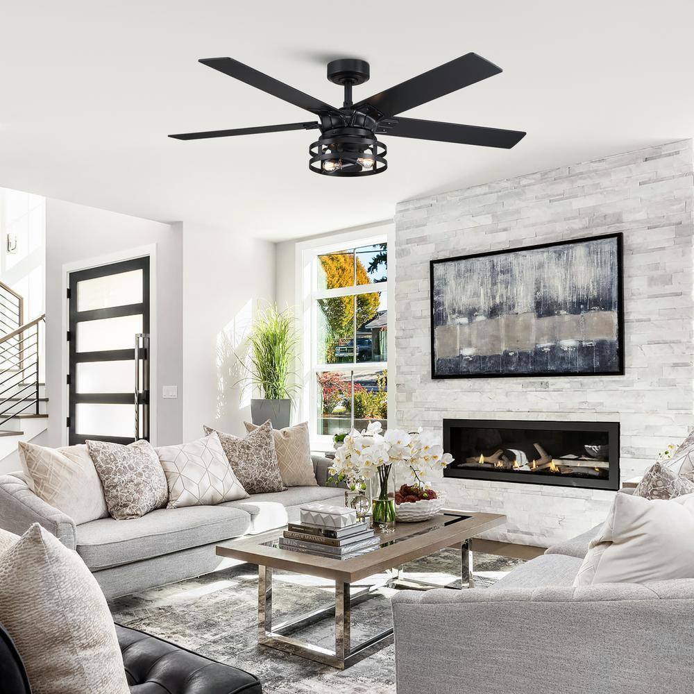 52 in. Indoor Industrial Black Reversible 5-Blade Ceiling Fan with Remote Control and Light Kit - Hercitys