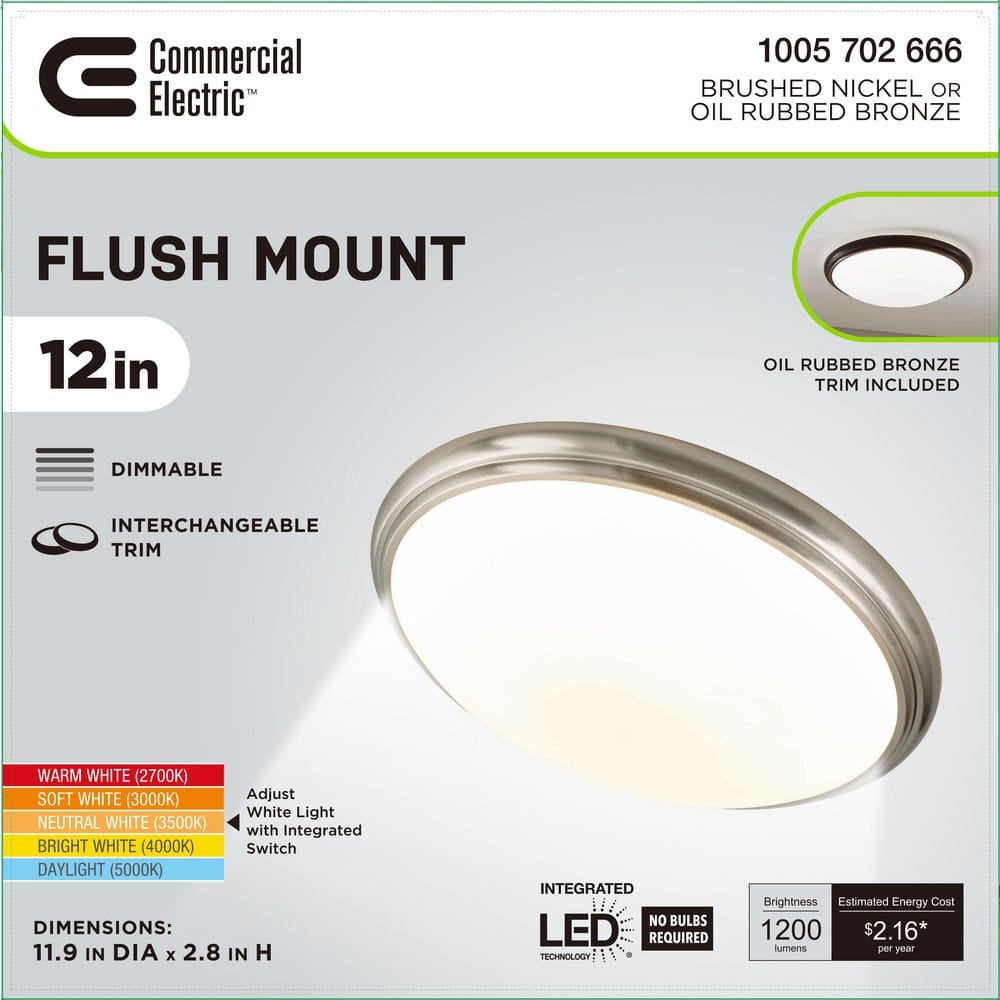 12 in. Light Brushed Nickel and Oil-Rubbed Bronze Adjustable CCT Integrated LED Flush Mount with Interchangeable Trim - Hercitys