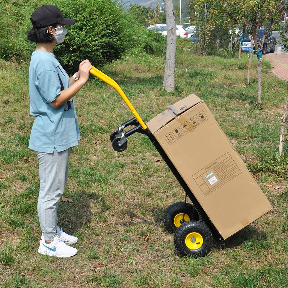 2.34 cu. ft. Yellow Black Metal Garden Cart with Convertible Design 2 Wheel Dolly Cart and 4 Wheel Push Cart - Hercitys