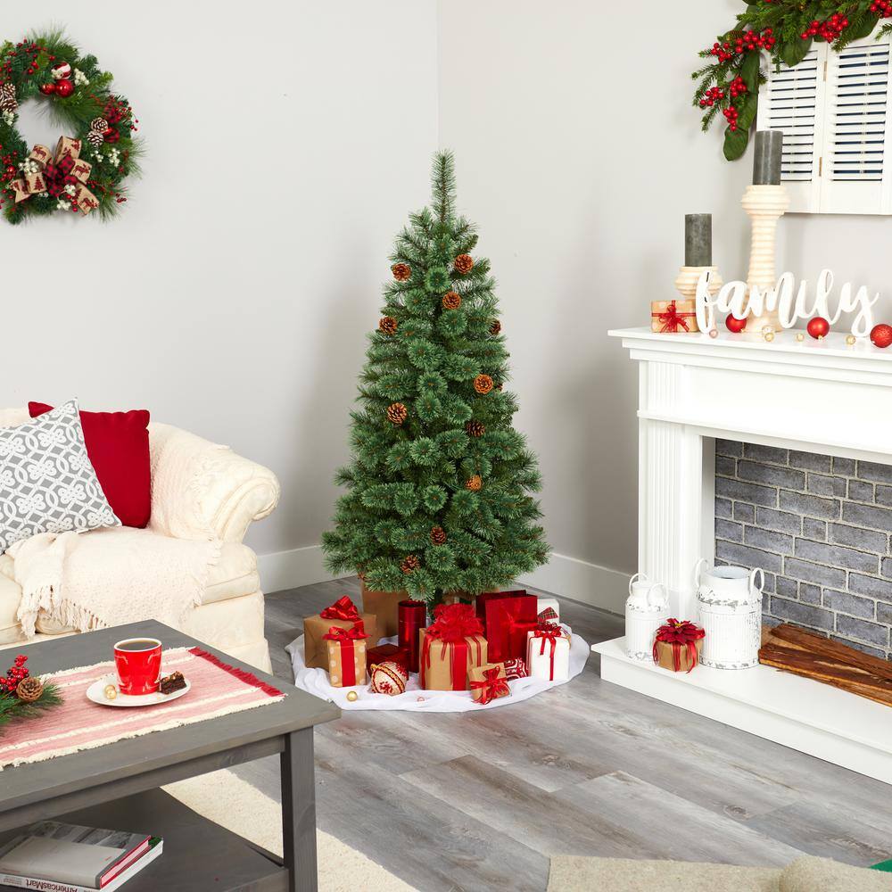 5 ft. Pre-Lit White Mountain Pine Artificial Christmas Tree with 200 Clear LED Lights and Pine Cones - Hercitys