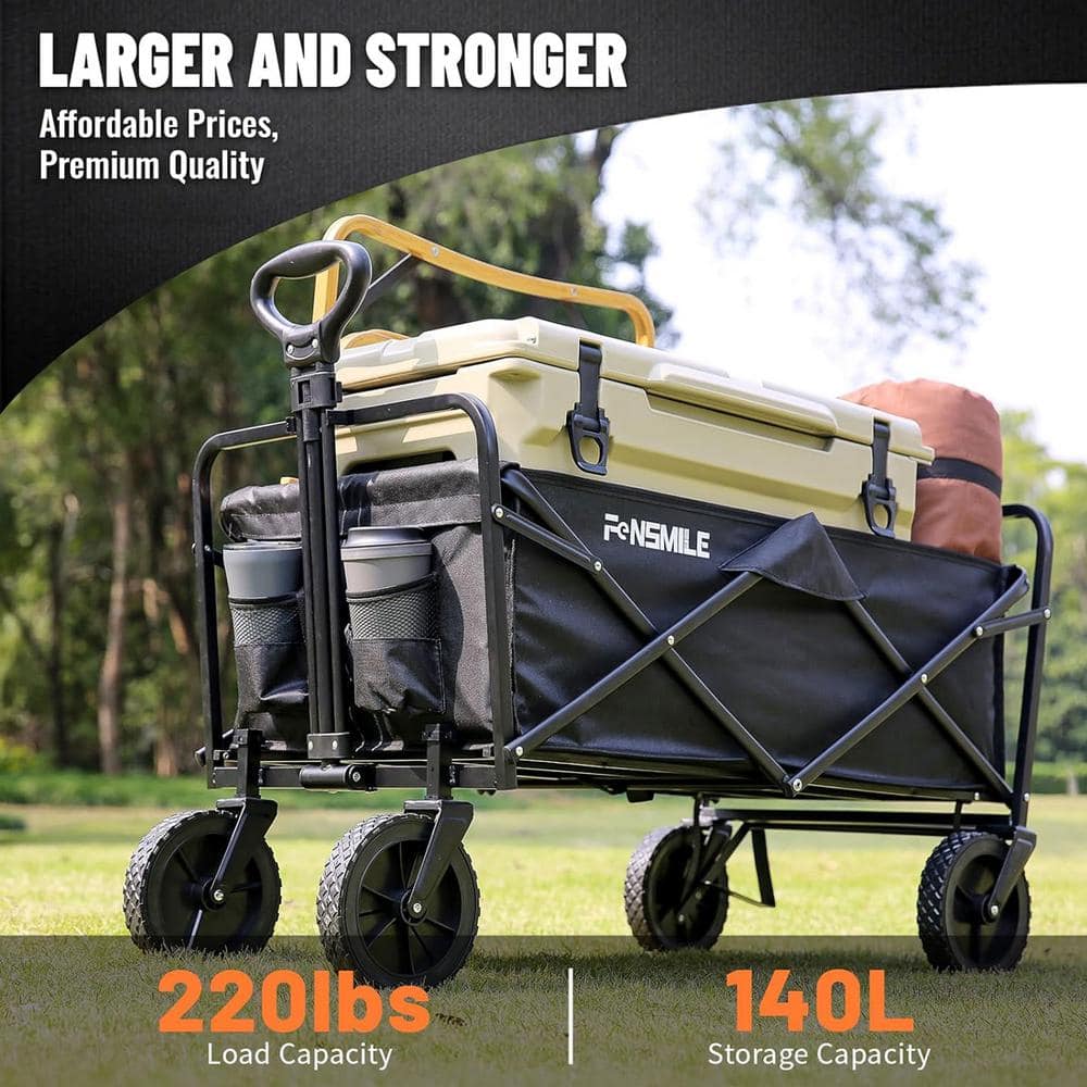4.94 cu. ft. Outdoor Metal Foldable Black Heavy Duty Wagon Garden Cart with Non-Slip Wheels and Stand - Hercitys