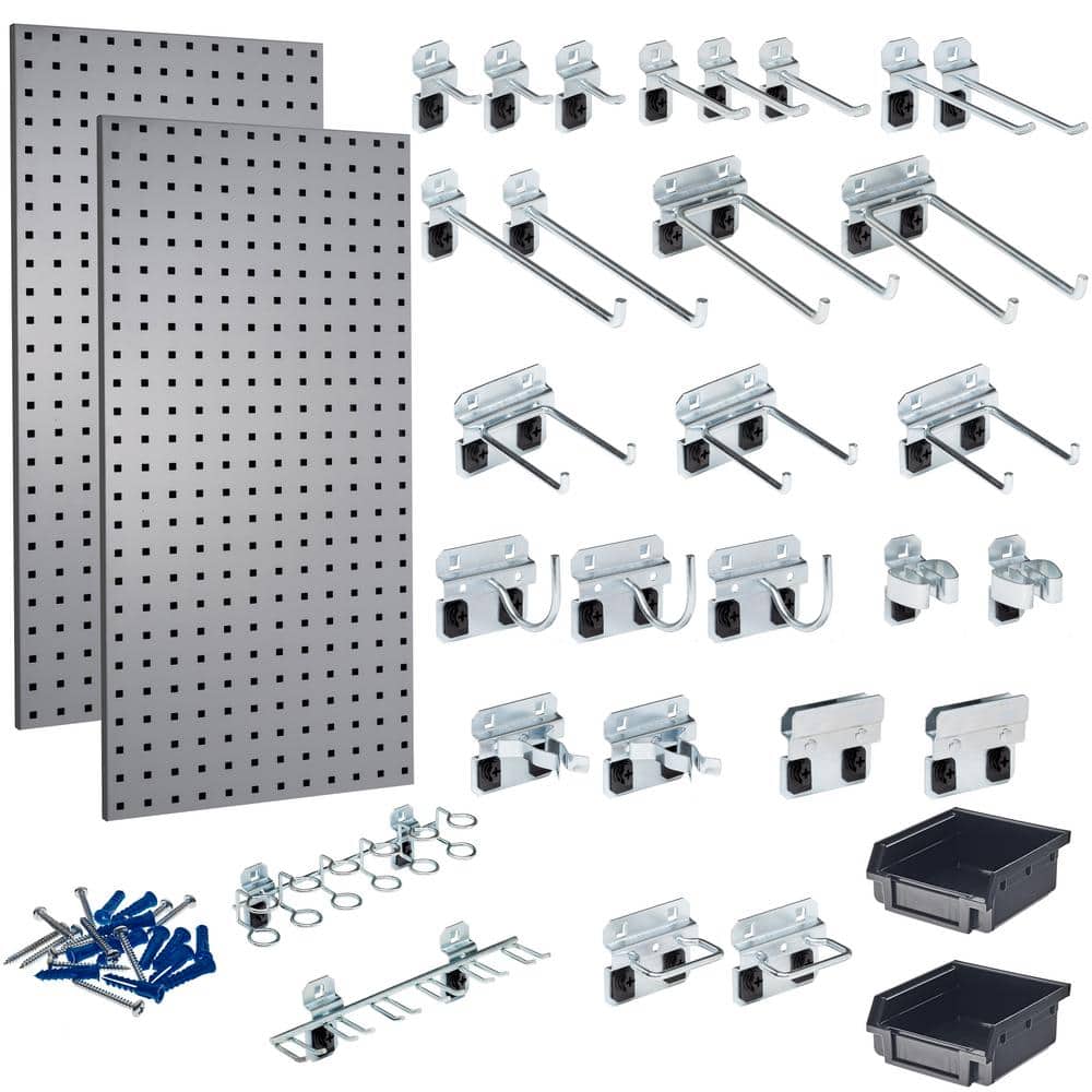 (2) 18 in. W x 36 in. H Gray Steel Square Hole Pegboards with 30-piece LocHook Assortment and Hanging Bin System - Hercitys