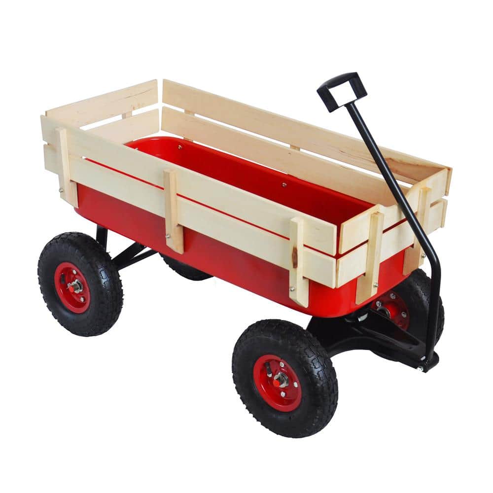 3 cu. ft. Total Garden Steel Cart Outdoor Wagon All Terrain Pulling Air Tires Kid Garden Removable Cart Red - Hercitys
