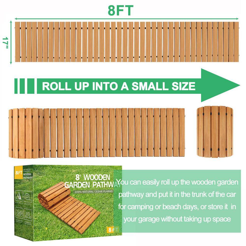 17in. W x 8 ft.L x 0.6in. H Wooden Garden Pathway, Roll Out Cedar Straight Walkway Edging, Decorative Floor, Light Brown - Hercitys