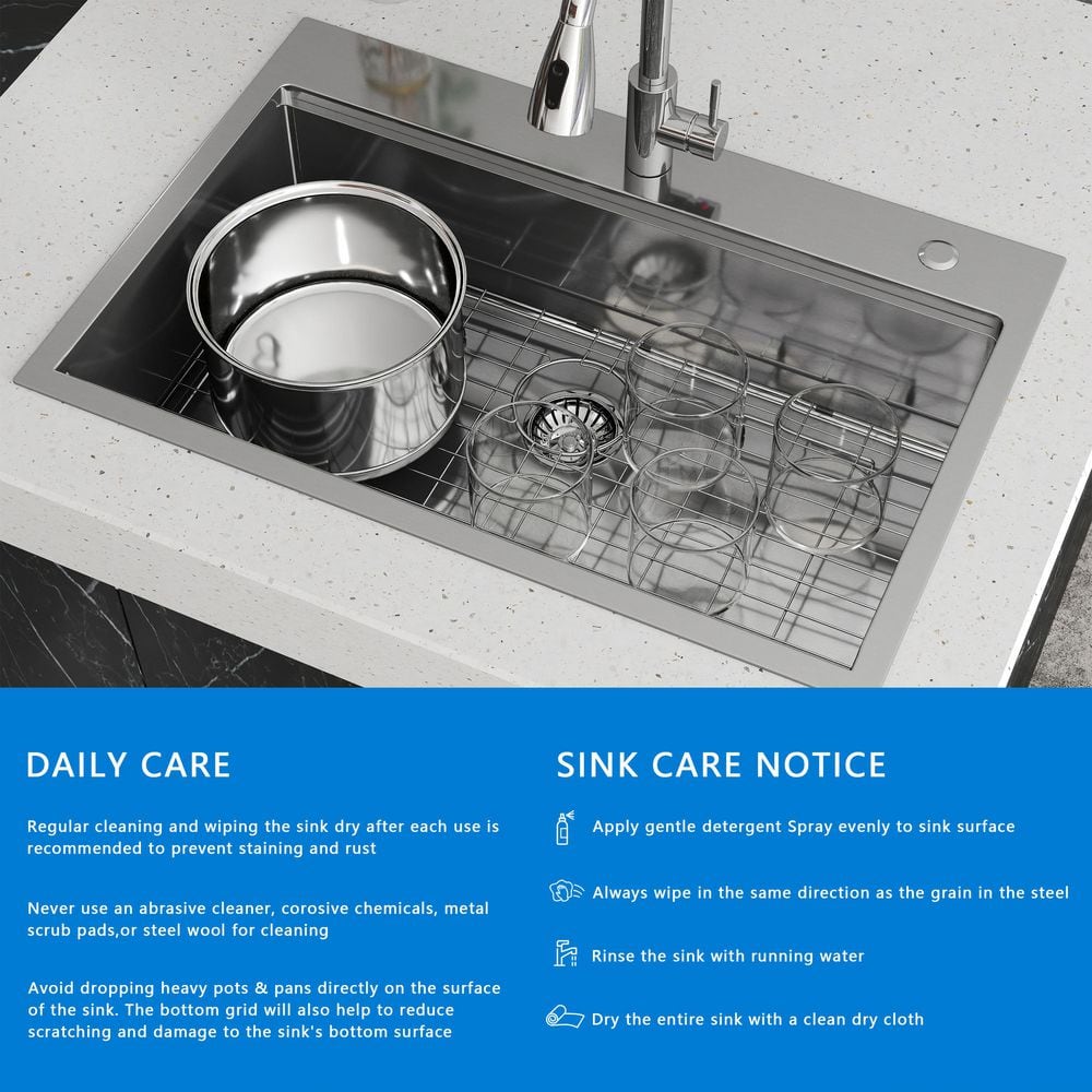 33 in. Drop-In/Undermount Single Bowl 16 Gauge Gunmetal Sliver Stainless Steel Kitchen Sink with Bottom Grids - Hercitys