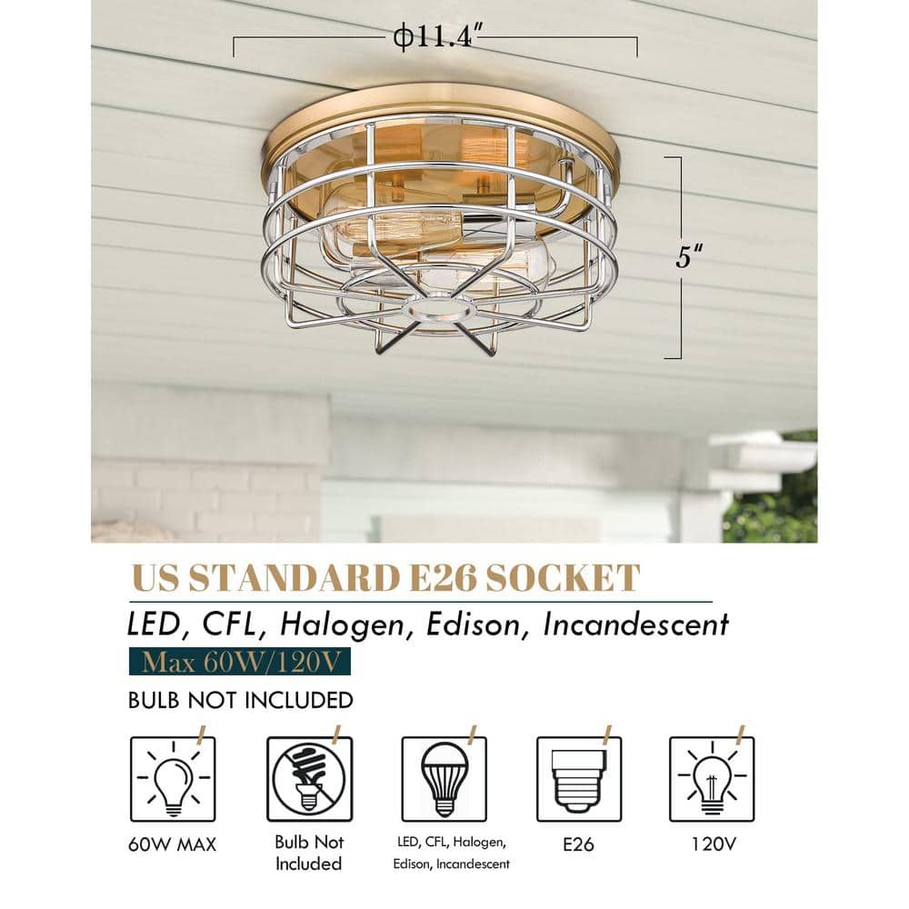 11.4 in. 2-Light Living Room Hallway Gold and Chrome Flush Mount Ceiling Light - Hercitys