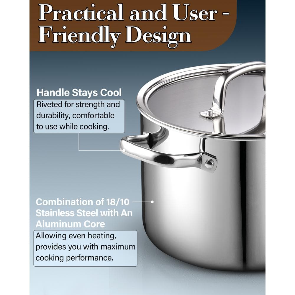 12 qt. Tri-Ply Clad Stainless Steel Stockpot with Lid, Induction Cooking pot, Silver - Hercitys
